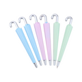 Elite Stationery House umbrella shaped retractable ballpoint pens in pastel blue, pink, and green on white fur.