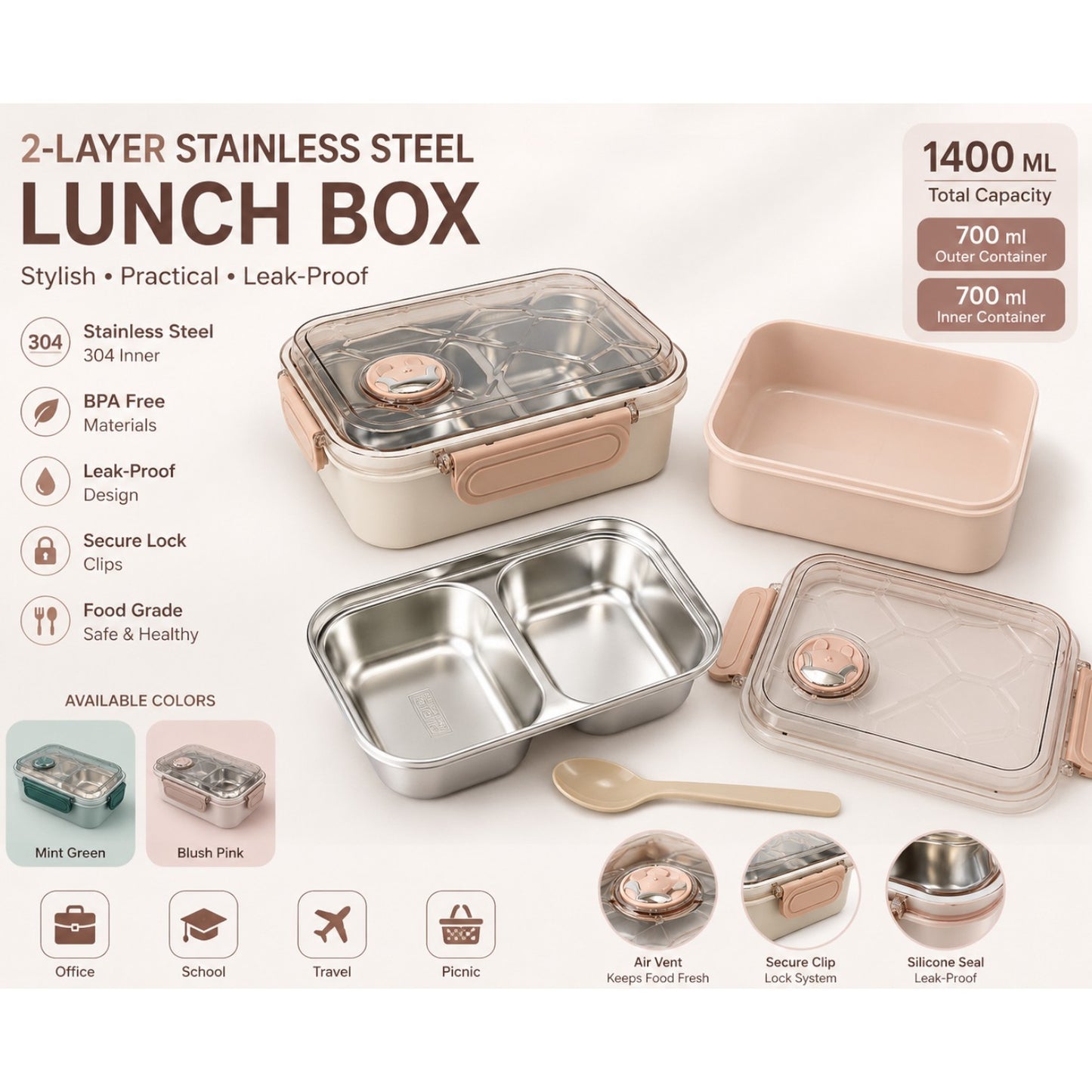 Premium Rectangular Stainless Steel Bento Lunch Box