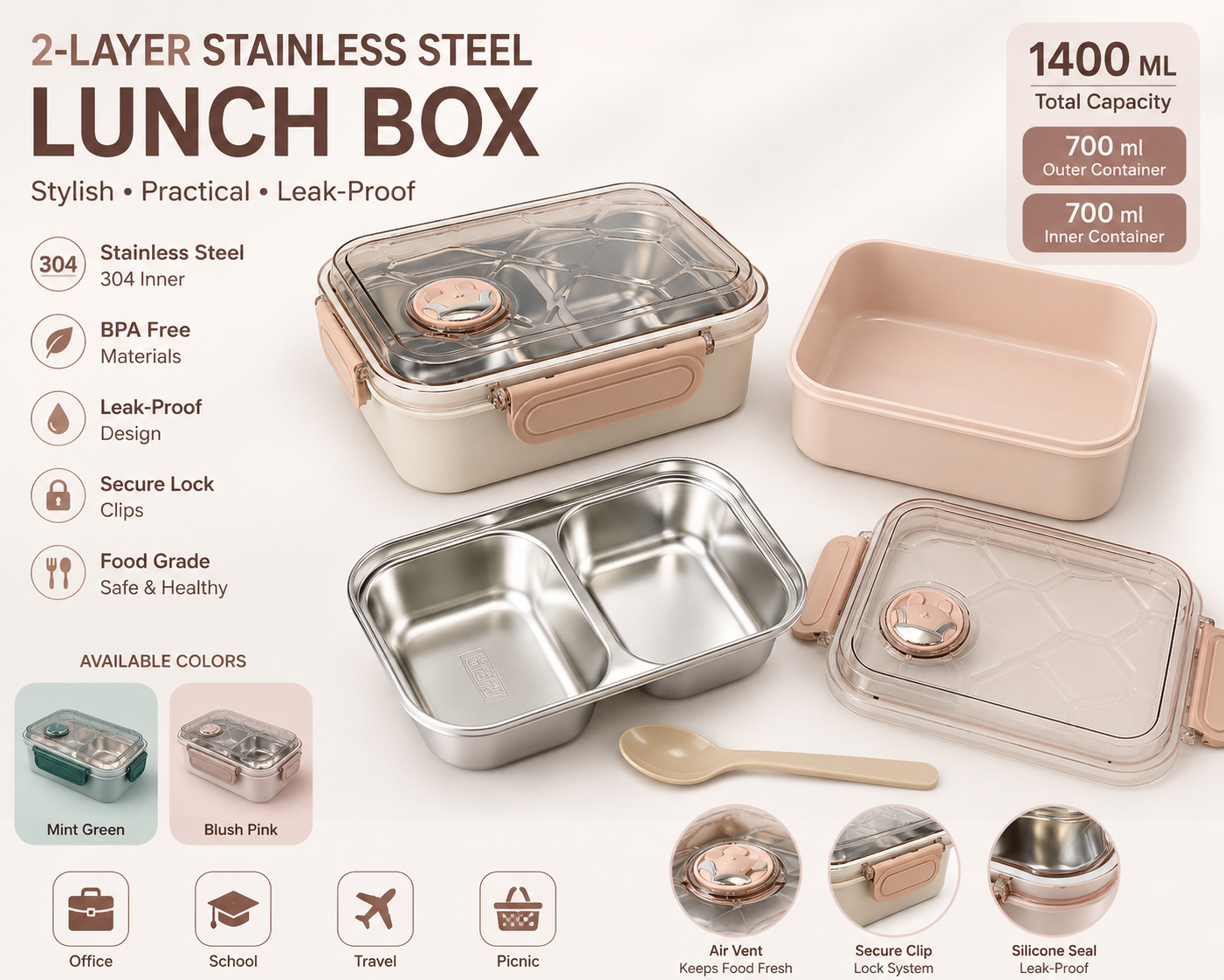 Premium Rectangular Stainless Steel Bento Lunch Box