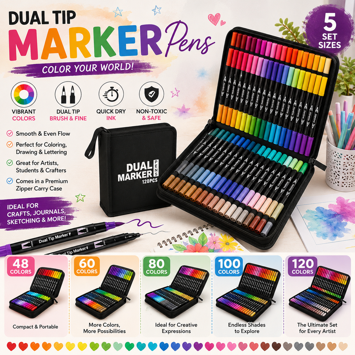 Markers for Adult Coloring Books: Brush Pens Dual Brush Fine Tip Drawing Pens Water-Based Coloring Markers