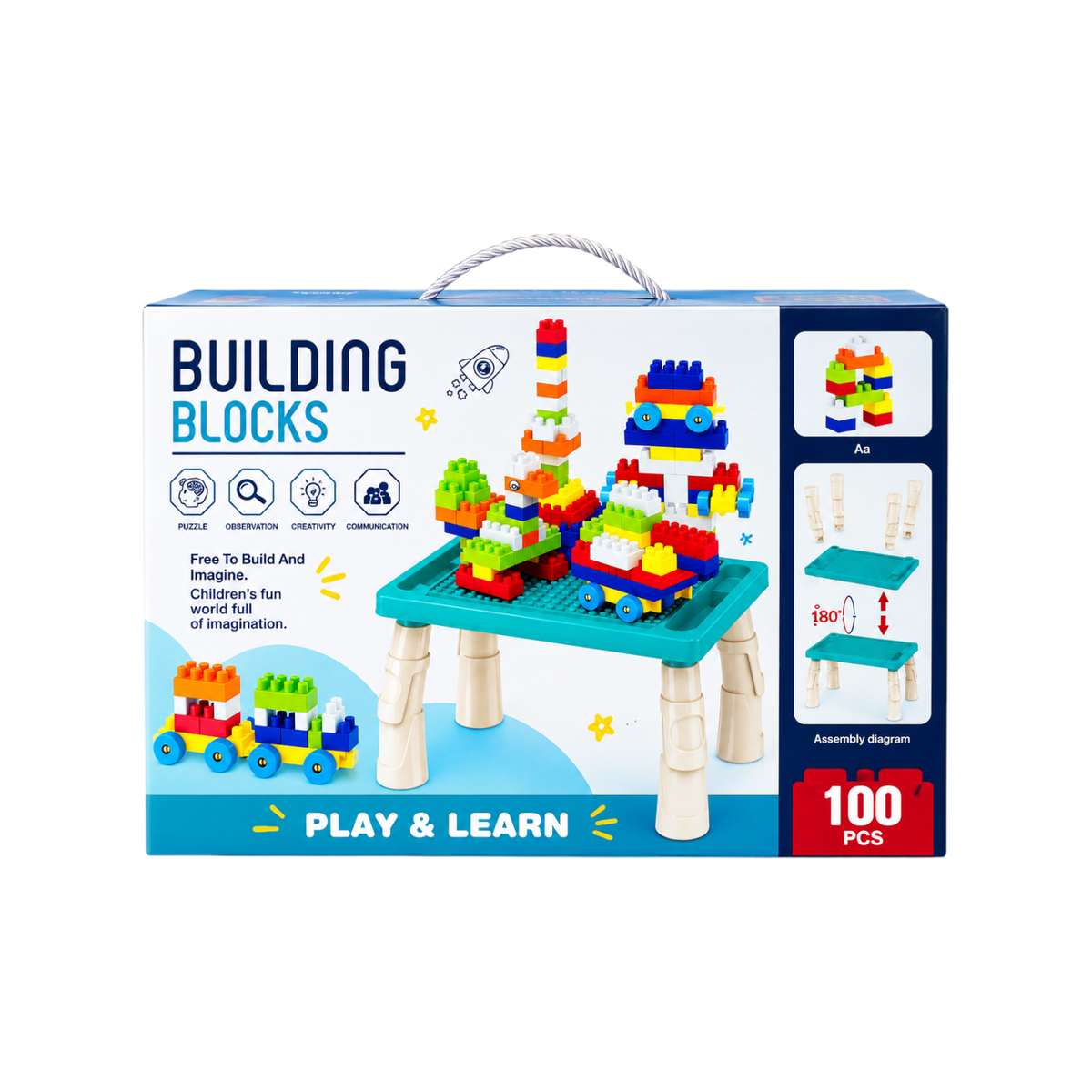 Elite Stationery House building blocks table set with 100 colorful plastic bricks in a display box