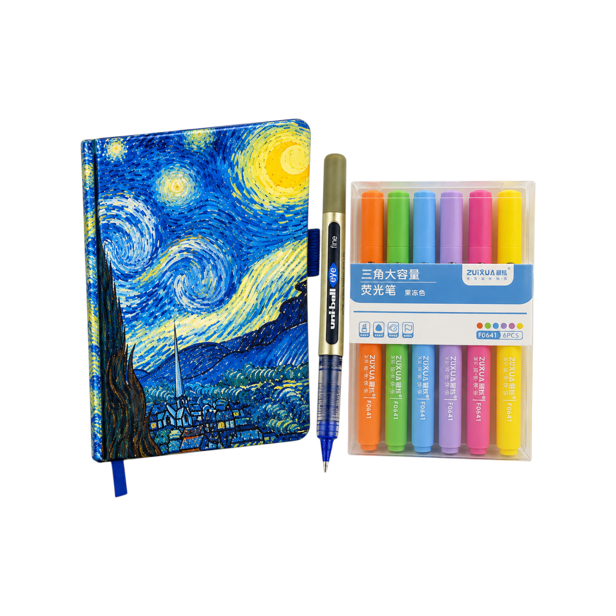 Elite Stationery House Van Gogh A6 journal set with Starry Night cover, fine rollerball pen, and 6 neon highlighters.