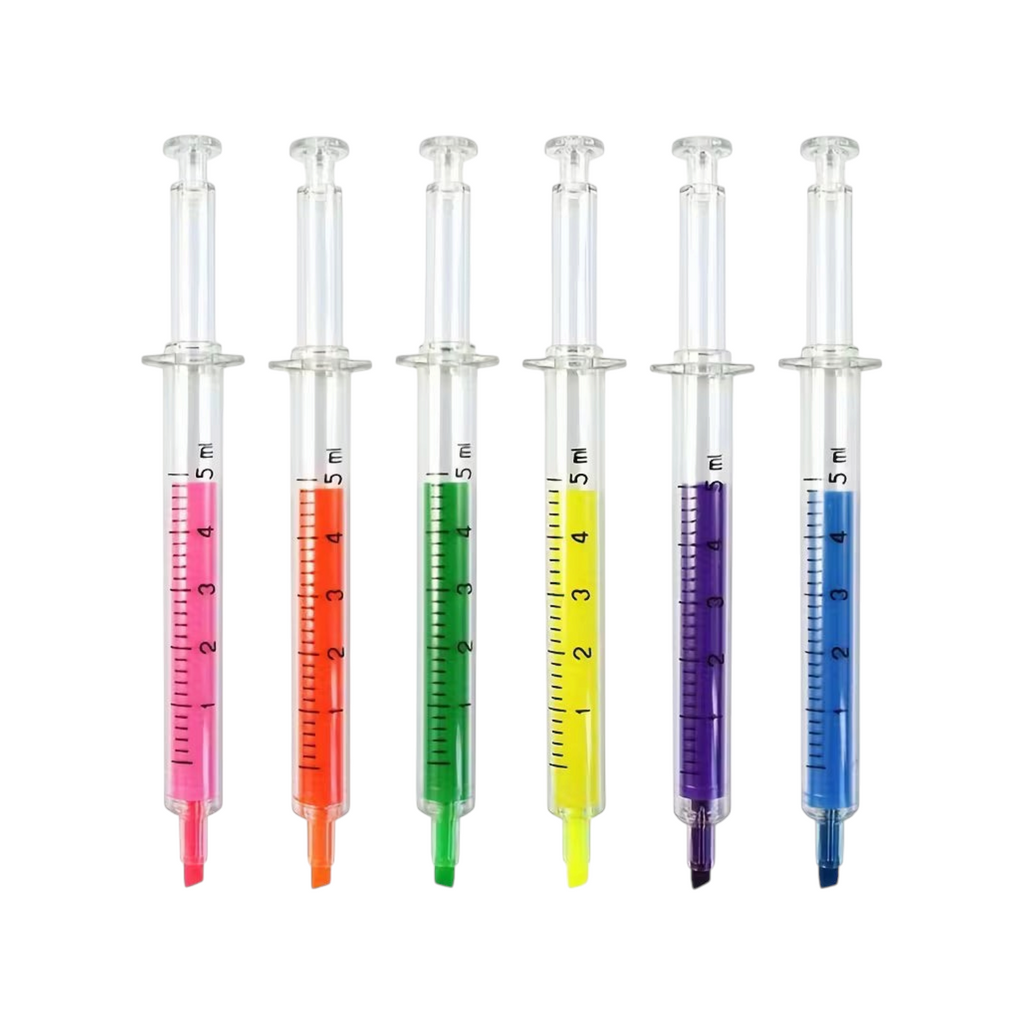 Elite Stationery House syringe-shaped highlighters in six vibrant colors with transparent bodies and markings.