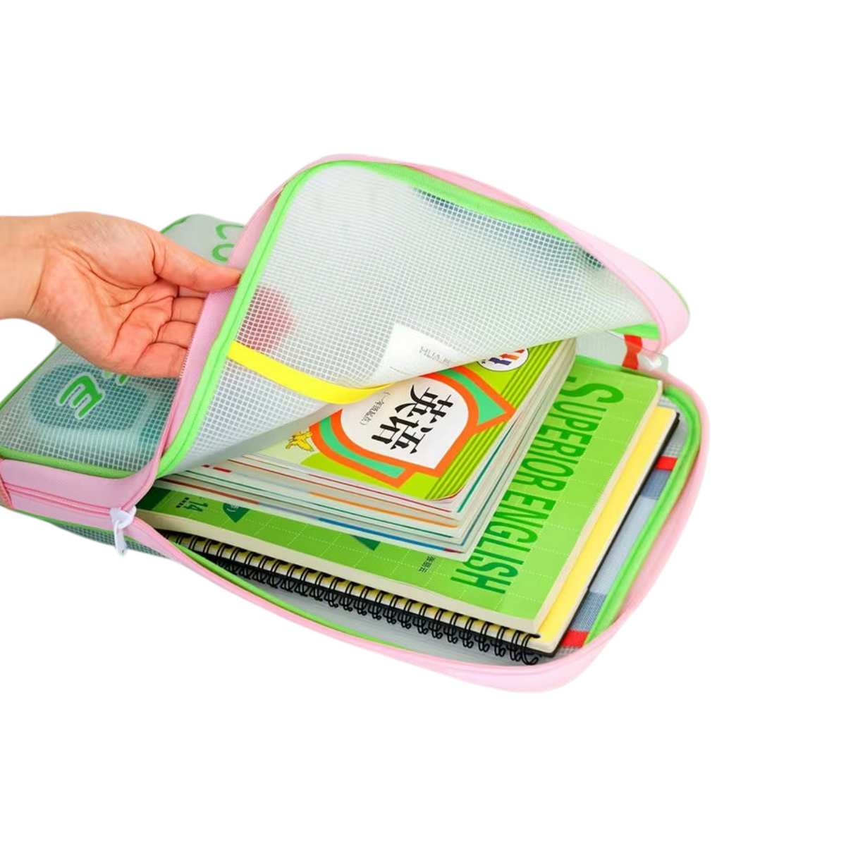 Elite Stationery House portable mesh storage bag for homework and test papers with pink trim and zipper closure