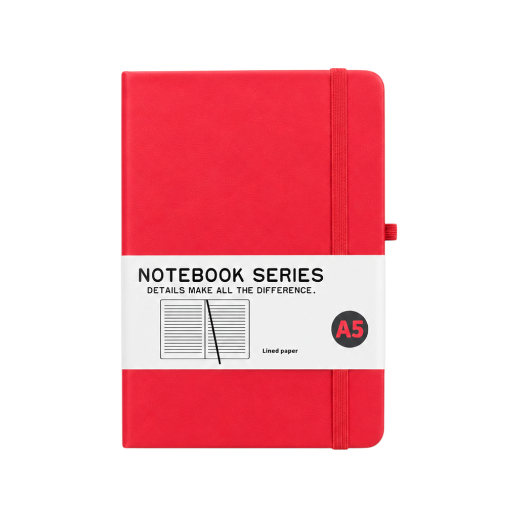 Elite Stationery House A5 red hardcover business notebook with 80 lined sheets and an elastic closure band