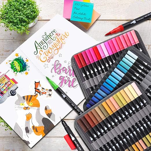 Duo Tip Brush Marker Pens,100 Colors Art Markers with Fine and Brush Watercolor Marker Set