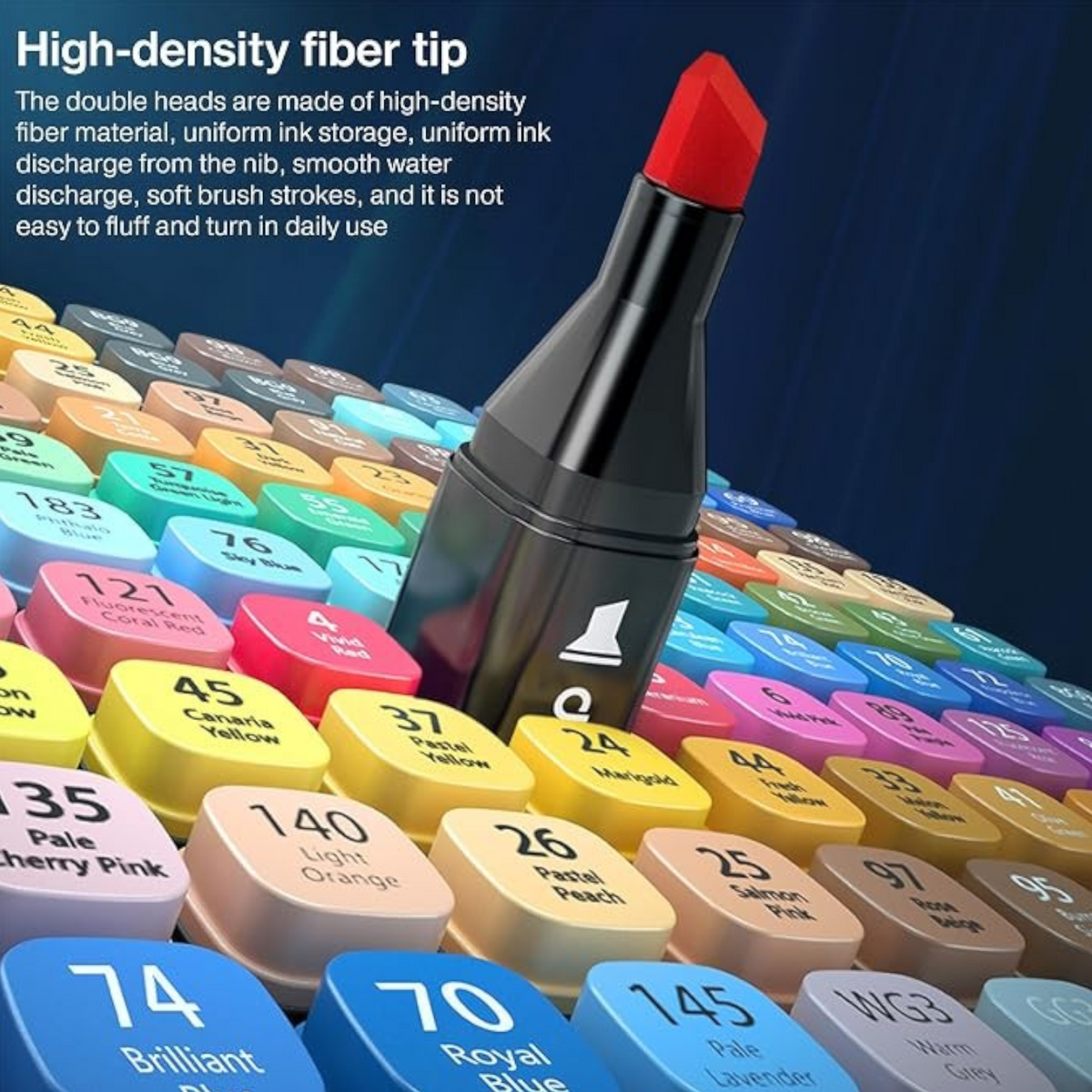 Elite Stationery House Deli double tip sketch marker with red chisel nib over a colorful grid of alcohol ink markers