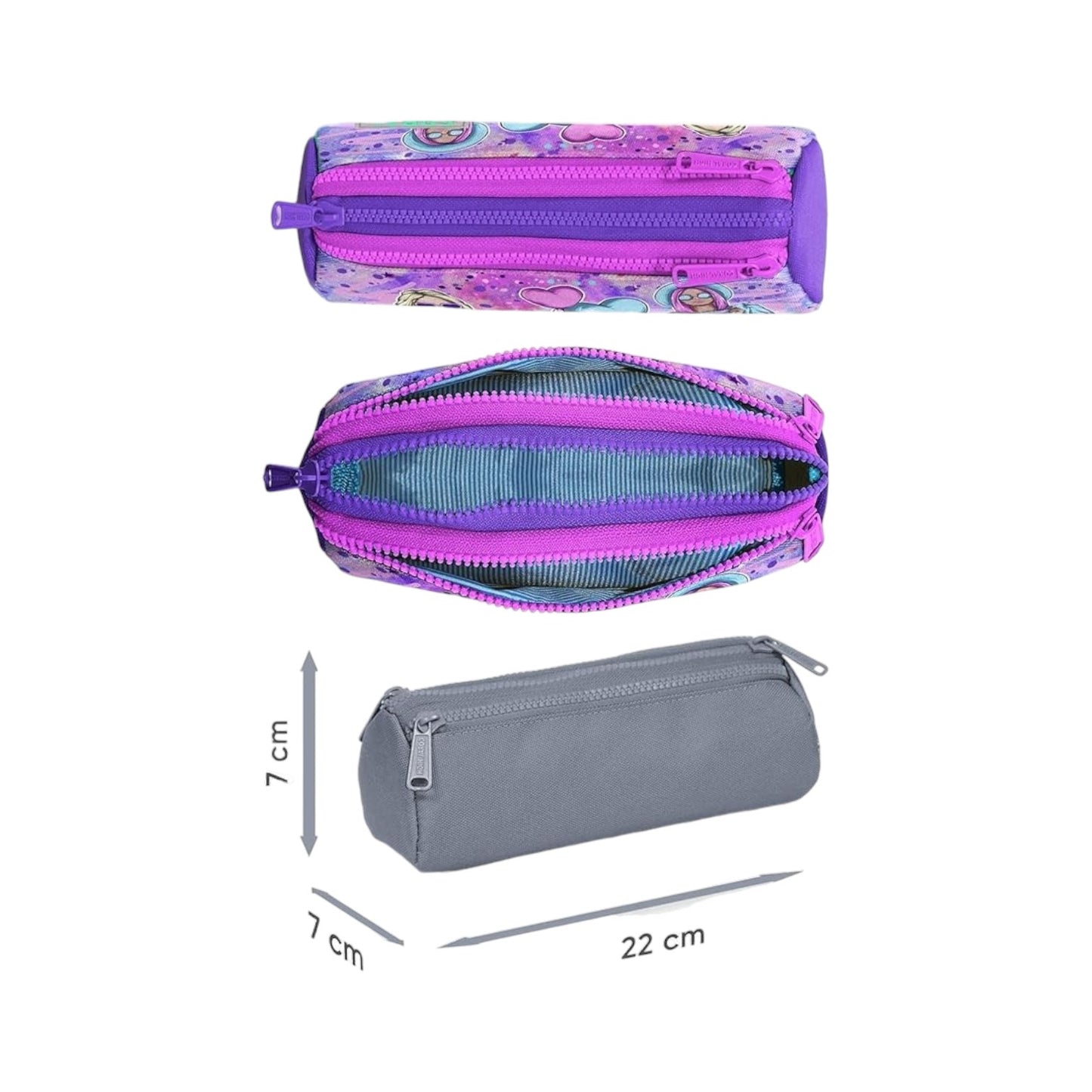 Coral High Kids Pink Purple Fashion Girl Patterned Three Compartment Pencil Bag