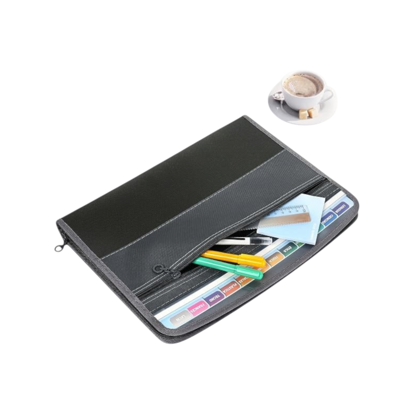 Elite Stationery House grey 12-pocket accordion file organizer with a secure zipper and front pencil pouch on a desk.