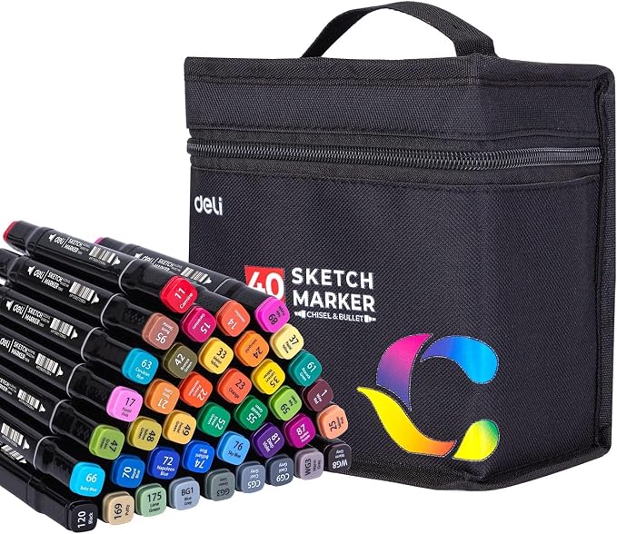 40 Deli Sketch Marker Set, Various Colors and Shades, Double Tip