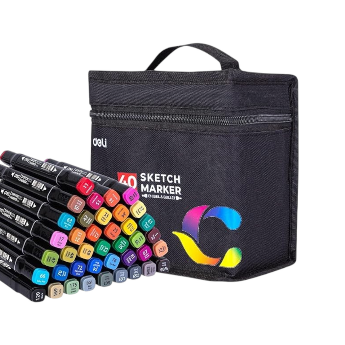 Elite Stationery House 40-piece Deli double-tip sketch marker set with bullet and chisel tips in a black carry case
