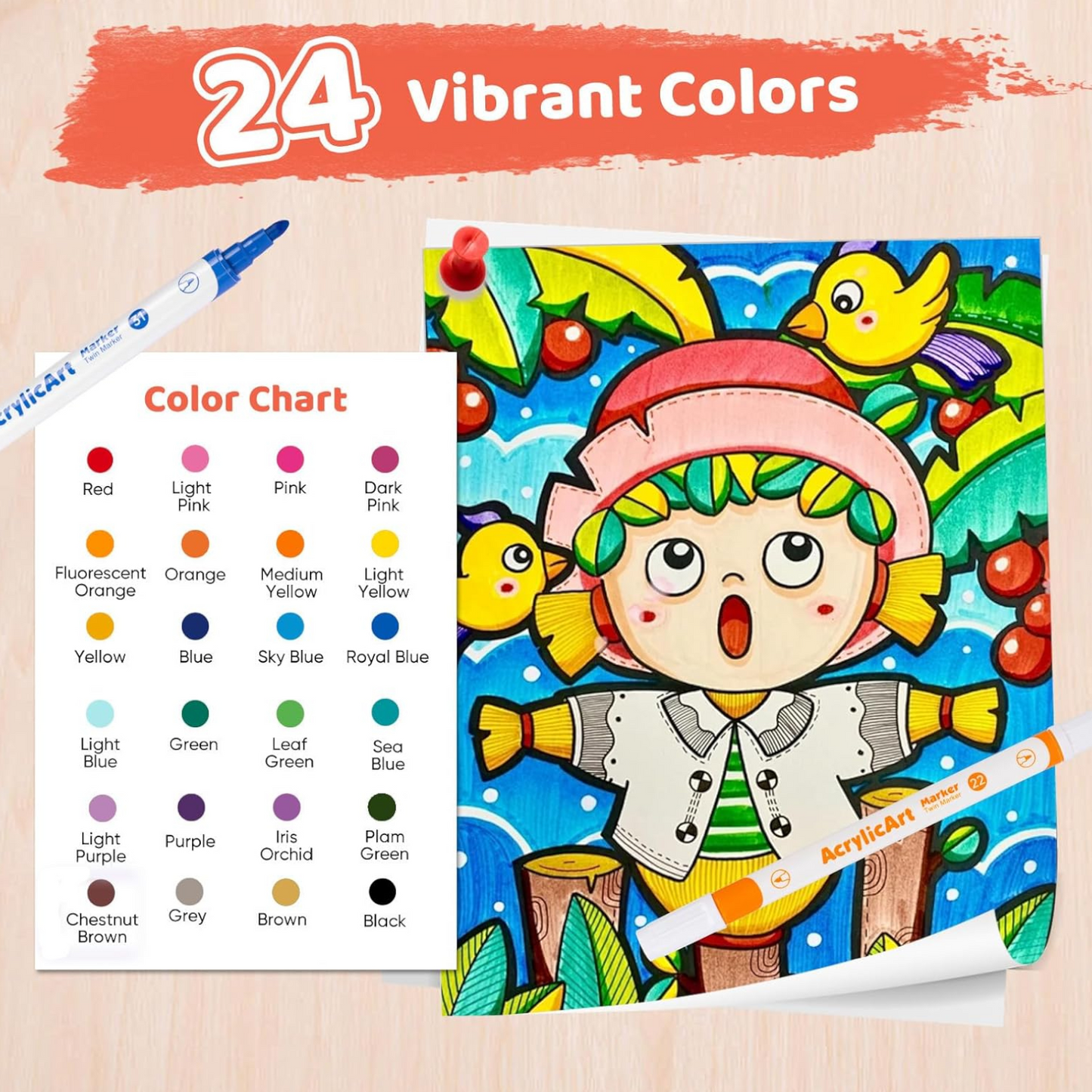 24 & 36 Colors Acrylic Paint Pens With Dual Tip - Medium and Brush Tips
