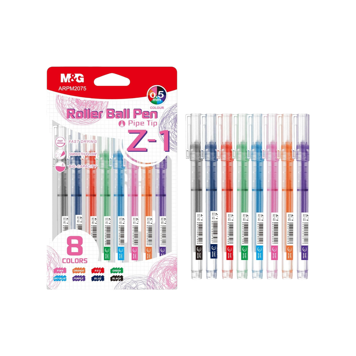 Elite Stationery House M&G 8-piece roller ball pen set with 0.5mm tips and transparent barrels in assorted colors
