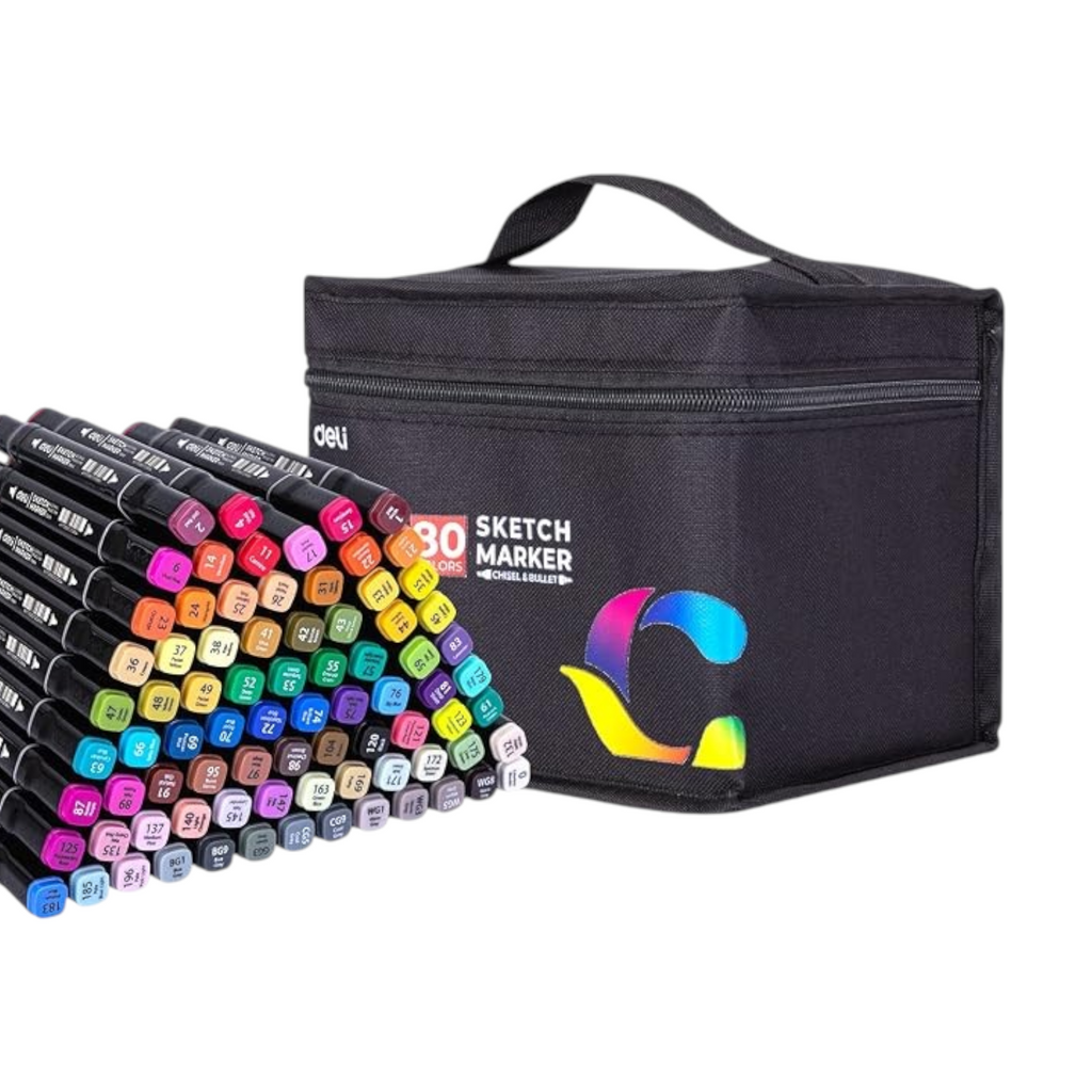 Elite Stationery House 80-piece Deli double-tip sketch marker set with alcohol-based ink in a black carrying case.
