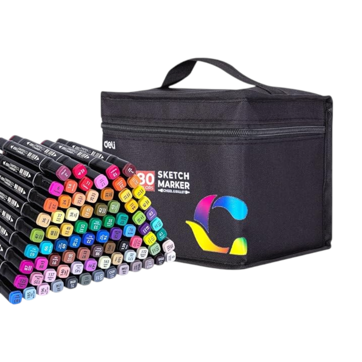 Elite Stationery House 80-piece Deli double-tip sketch marker set with alcohol-based ink in a black carrying case.