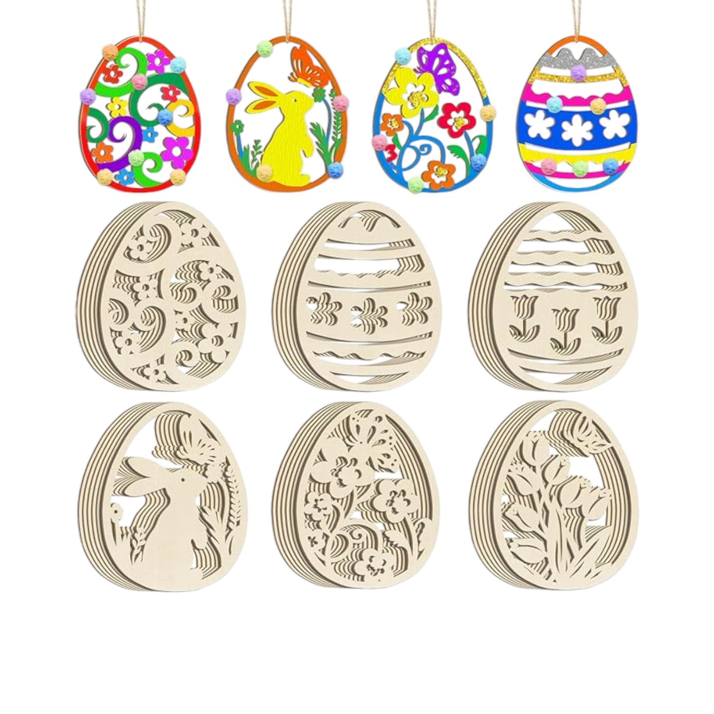 36PCS Wooden Easter Ornaments to Paint, 6 Styles DIY Blank Unfinished Wood Egg Cutouts