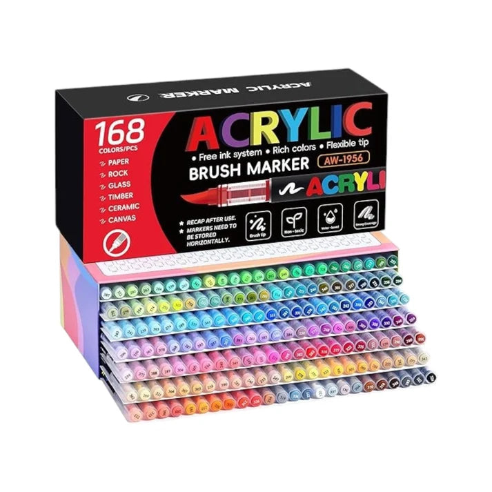 168  Set of Soft Brush Tip Acrylic Markers, Quick-Drying Waterproof