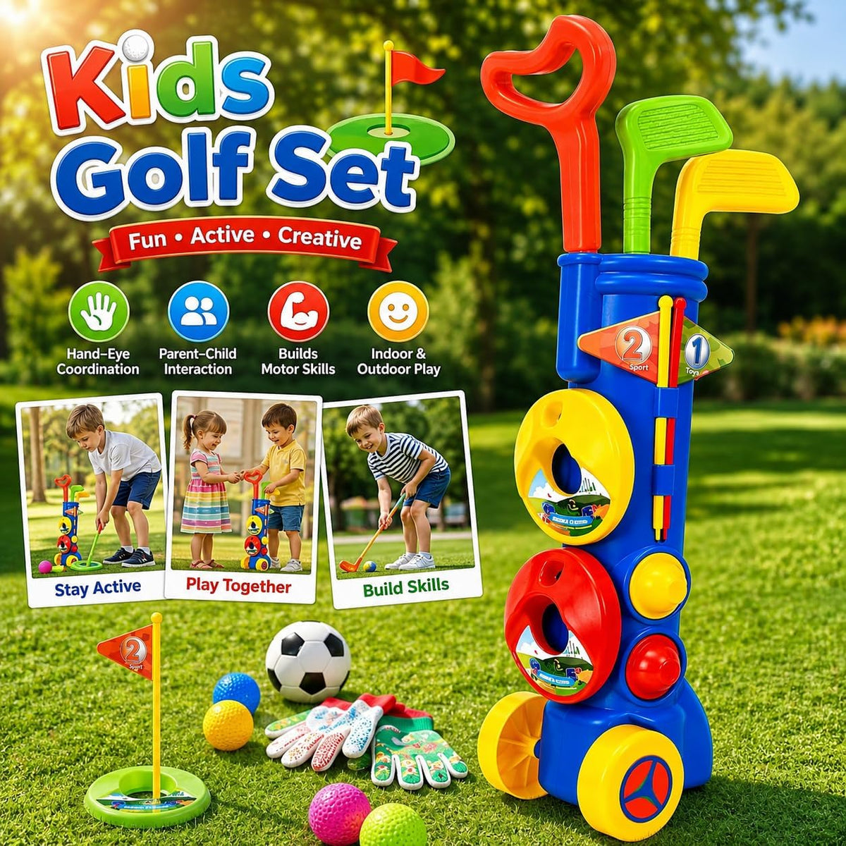 Kids Golf Toy with Wheels Stand, Educational Sports Toy