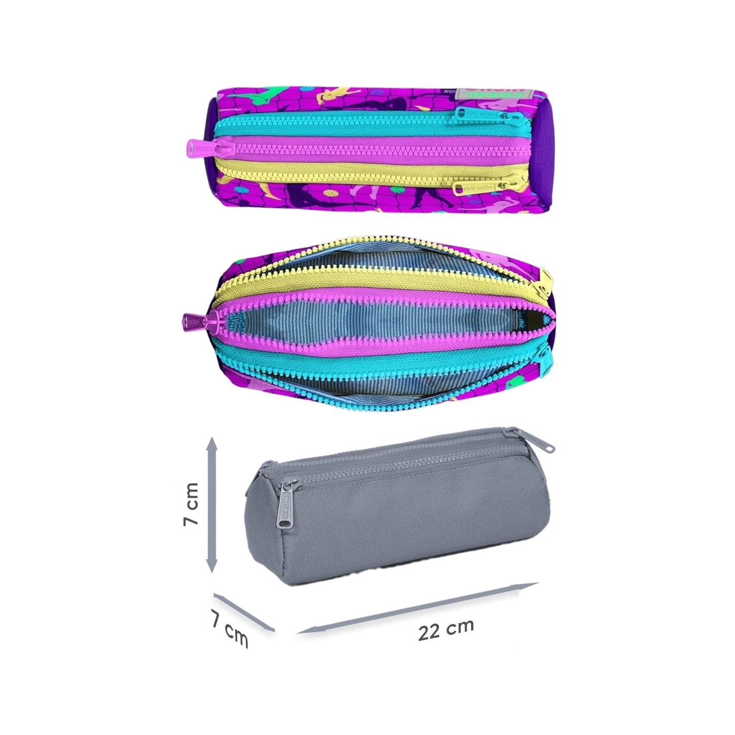 Coral High Kids Pink Purple Volleyball Patterned Three Compartment Pencil Bag