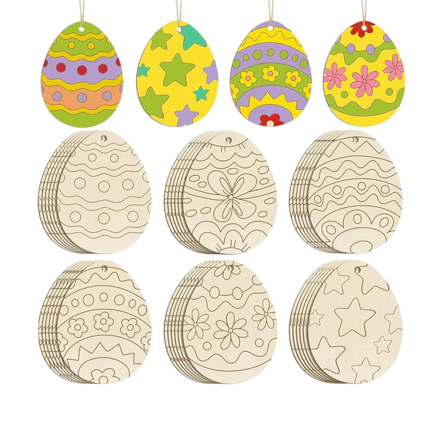 36PCS Wooden Easter Ornaments to Paint, 6 Styles DIY Blank Unfinished Wood Egg Cutouts