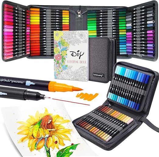 Duo Tip Brush Marker Pens,100 Colors Art Markers with Fine and Brush Watercolor Marker Set
