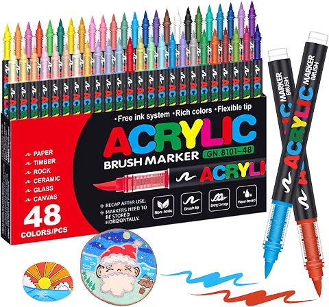48 Set of Soft Brush Tip Acrylic Markers, Quick-Drying Waterproof