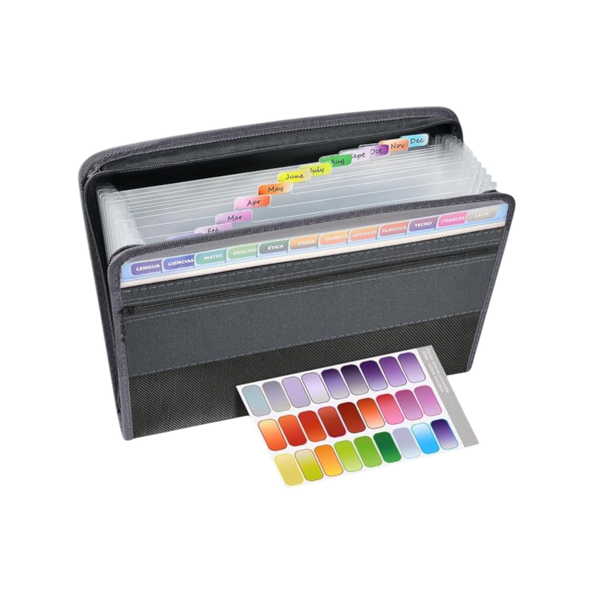 Elite Stationery House grey 12-pocket accordion file organizer with zipper closure, front pencil pouch, and labels.