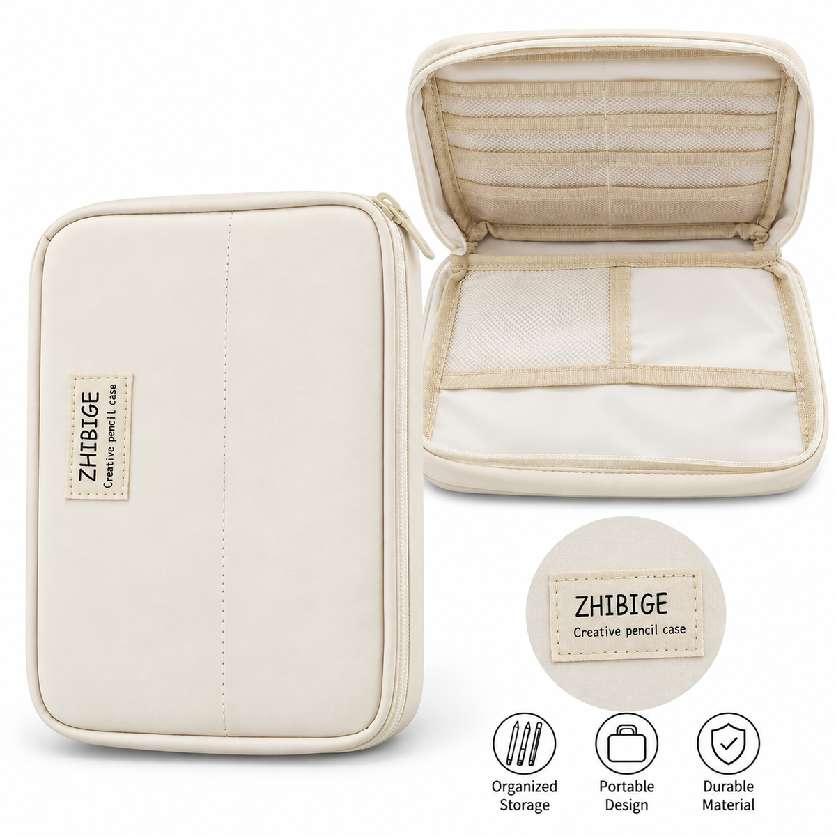 Wide Opening Pencil Case Pen Bag Pouch  Off-White