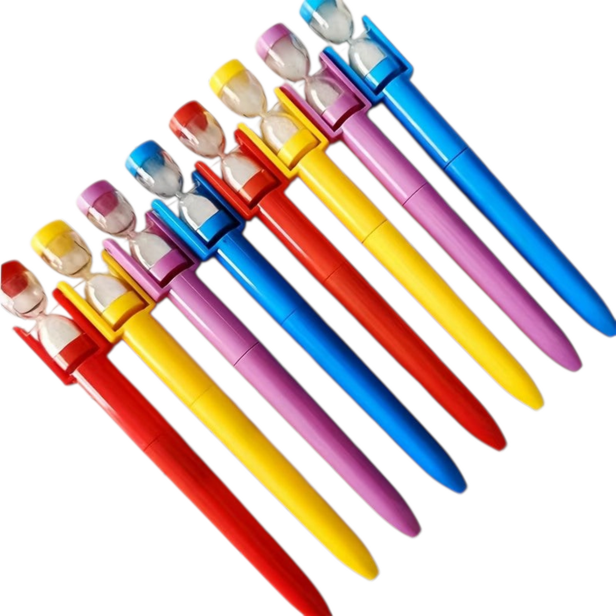 Elite Stationery House hourglass quicksand ballpoint pens in various vibrant colors with a twist closure mechanism.