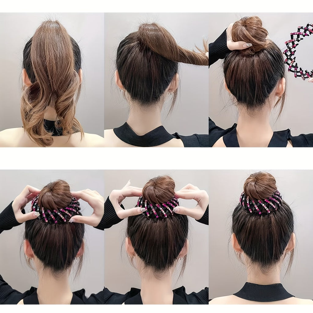 Simple Telescopic Hair Ties, High-End Sparkling Rhinestone Bird's Nest Bun Maker