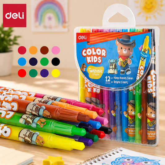 Deli Twistable Crayon Round Barrel, Full Length, 12 Colors, Smooth & Non-Toxic