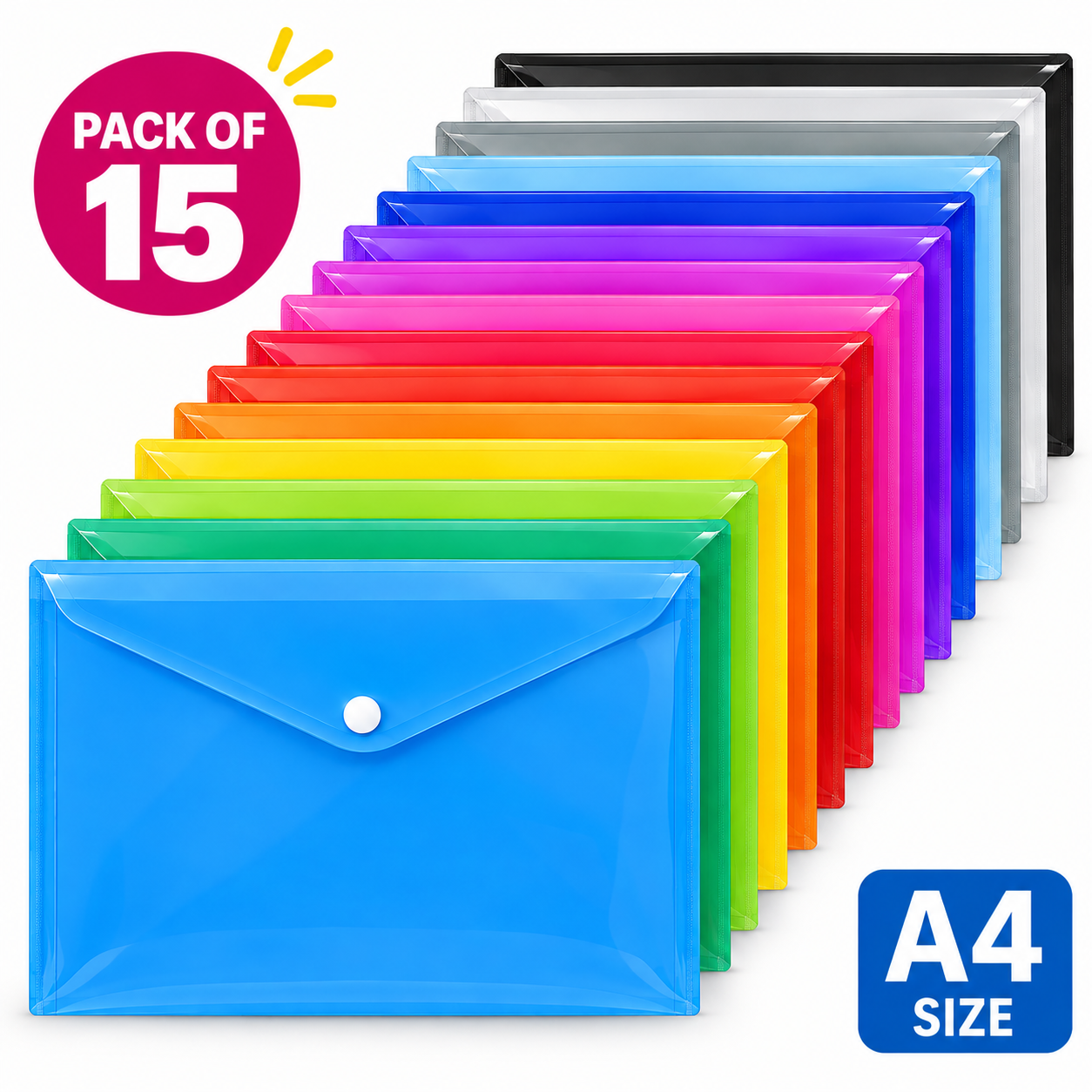A4 / Foolscap Bright Transparent Popper Wallet/Paper Wallets - Assorted Colors