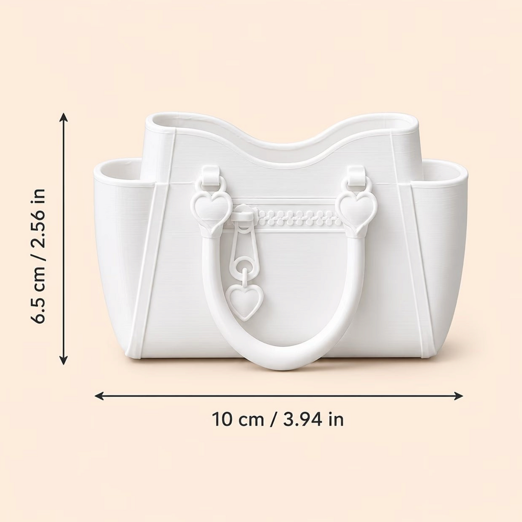 Elite Stationery House 3D printed white handbag shaped pen container for desk organization with heart details