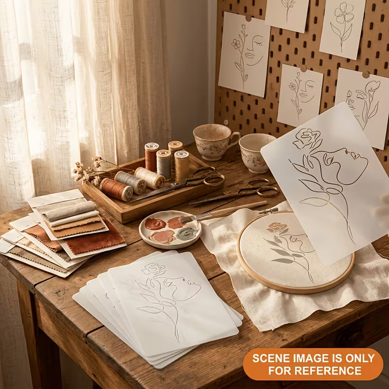 6pcs of Minimalist One Stroke  Floral Line Decoration Combination Templates,