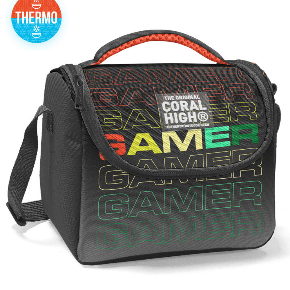 Coral High Kids Black Gray Gamer Patterned Thermo Lunch Bag