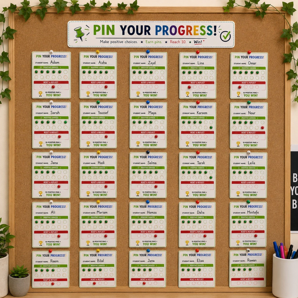 Elite Stationery House Pin Your Progress classroom motivation set with student cards on a cork board display
