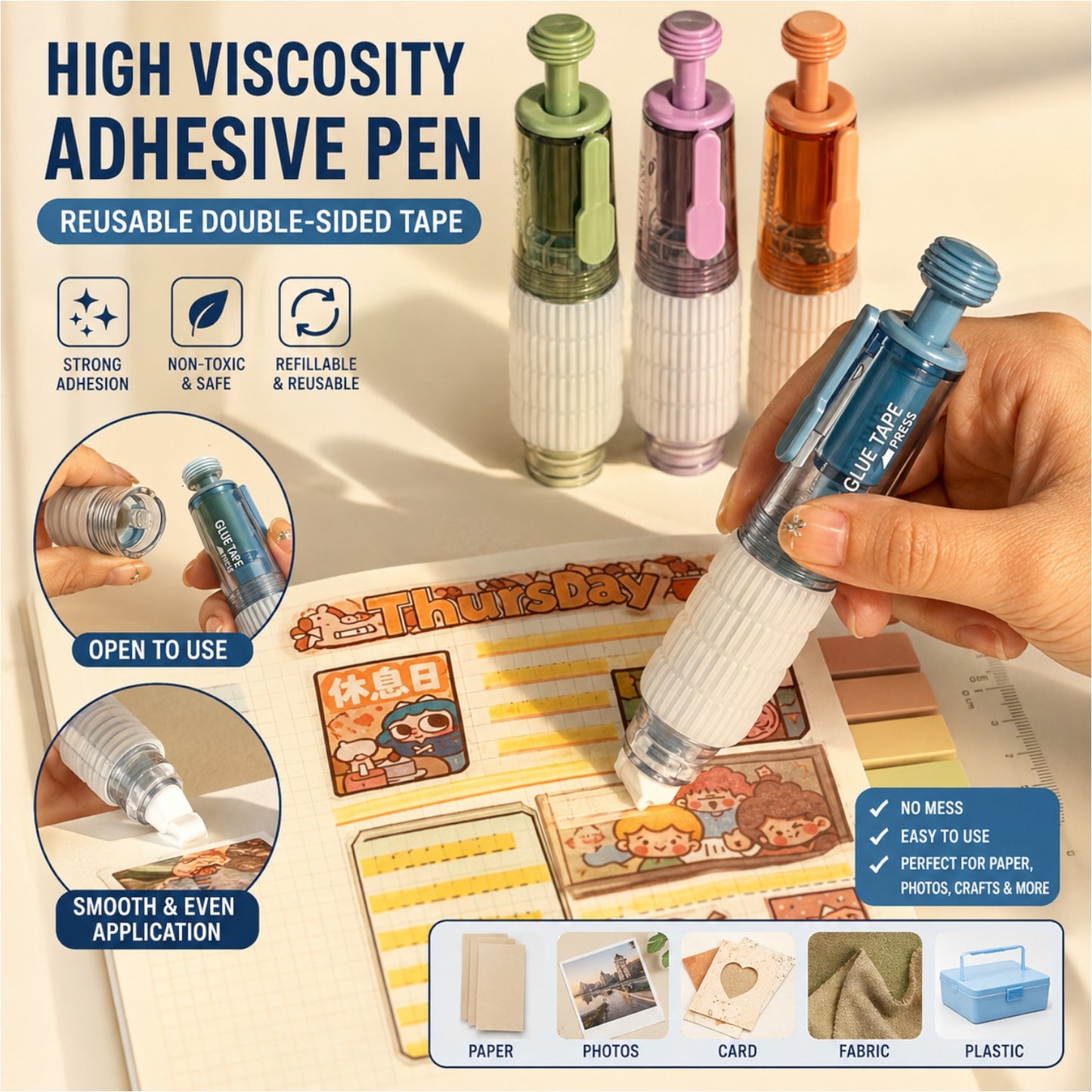 High Viscosity Adhesive Pen, Reusable Double-Sided Tape