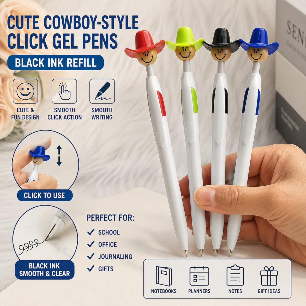 Cute Cowboy-Style Click Gel Pens, Black Ink