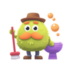 Elite Stationery House fuzzy monster sticker featuring a green character with a mustache, hat, and cleaning broom.