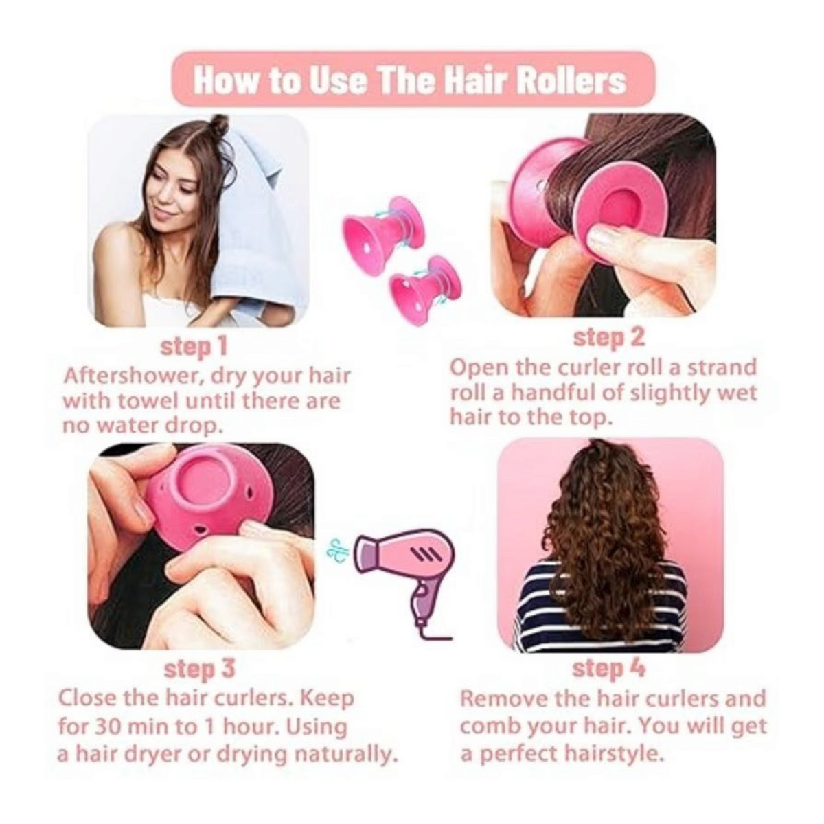 Elite Stationery House 4pcs soft pink no-heat hair curlers with step-by-step instructions for natural wavy curls