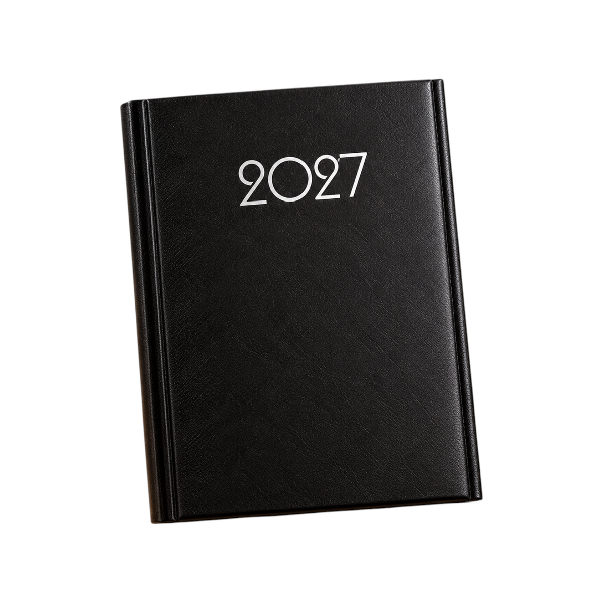 Elite Stationery House 2027 black hardcover diary with silver star design on a wooden desk with a pen.