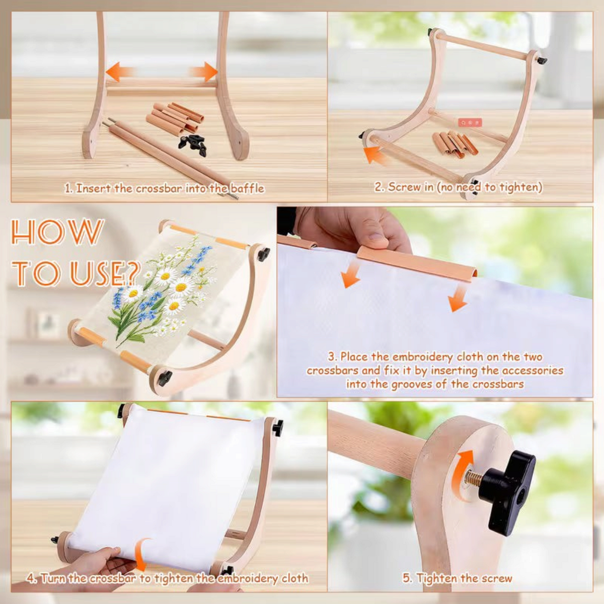 Elite Stationery House adjustable wooden embroidery table frame showing assembly steps for cross stitch projects