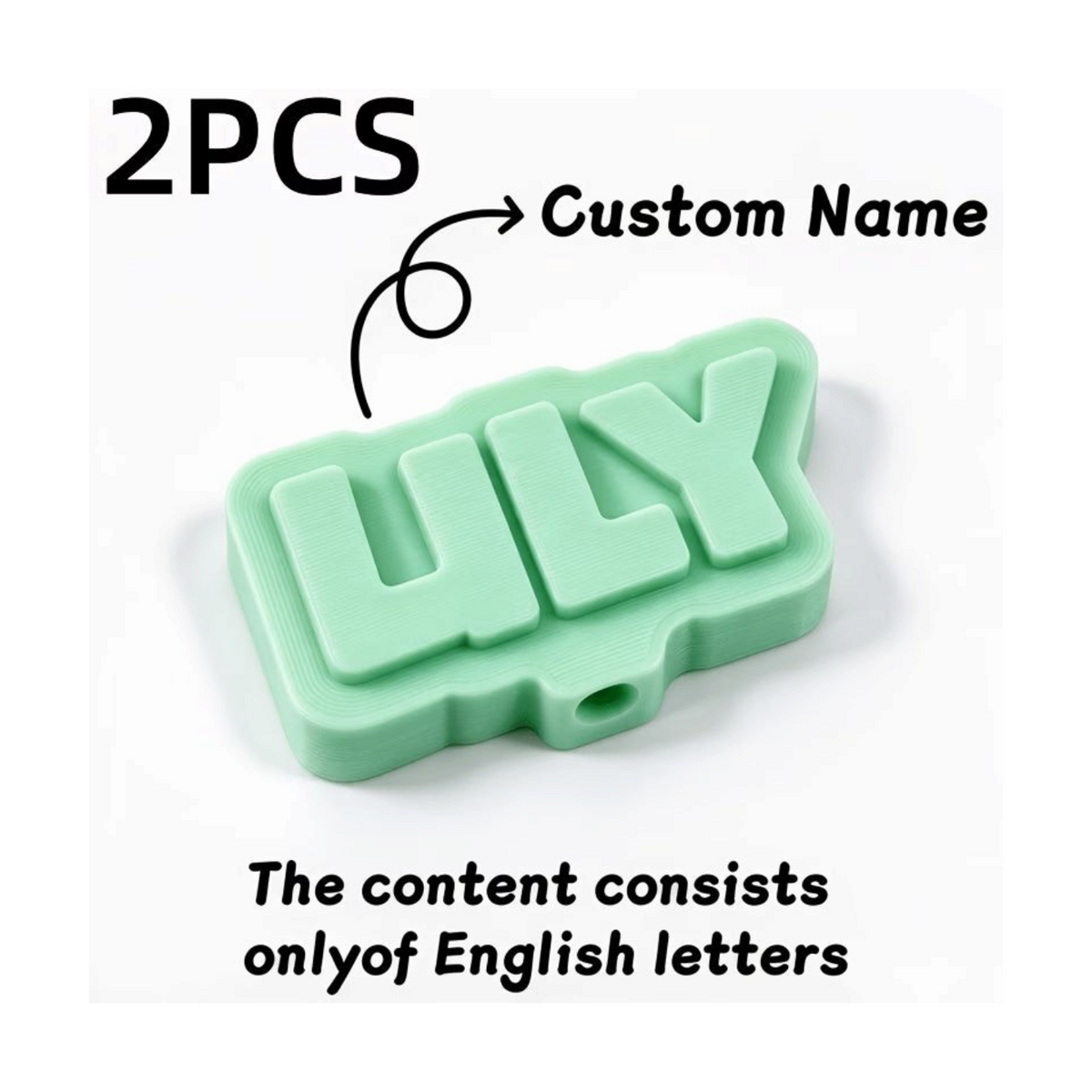 Elite Stationery House 2-piece set of 3D printed custom name pencil toppers in light green plastic.