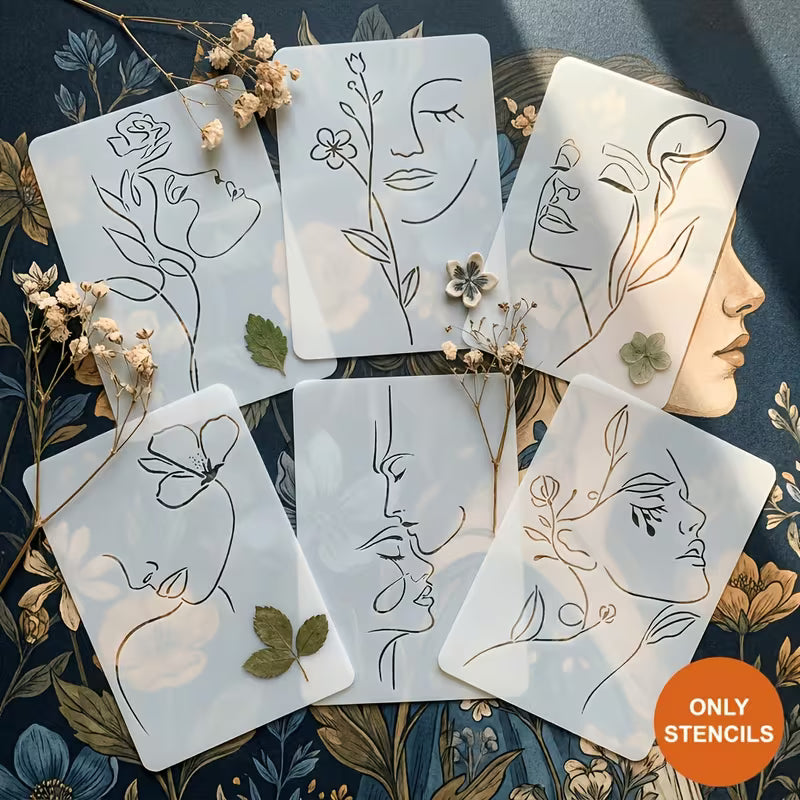 6pcs of Minimalist One Stroke  Floral Line Decoration Combination Templates,