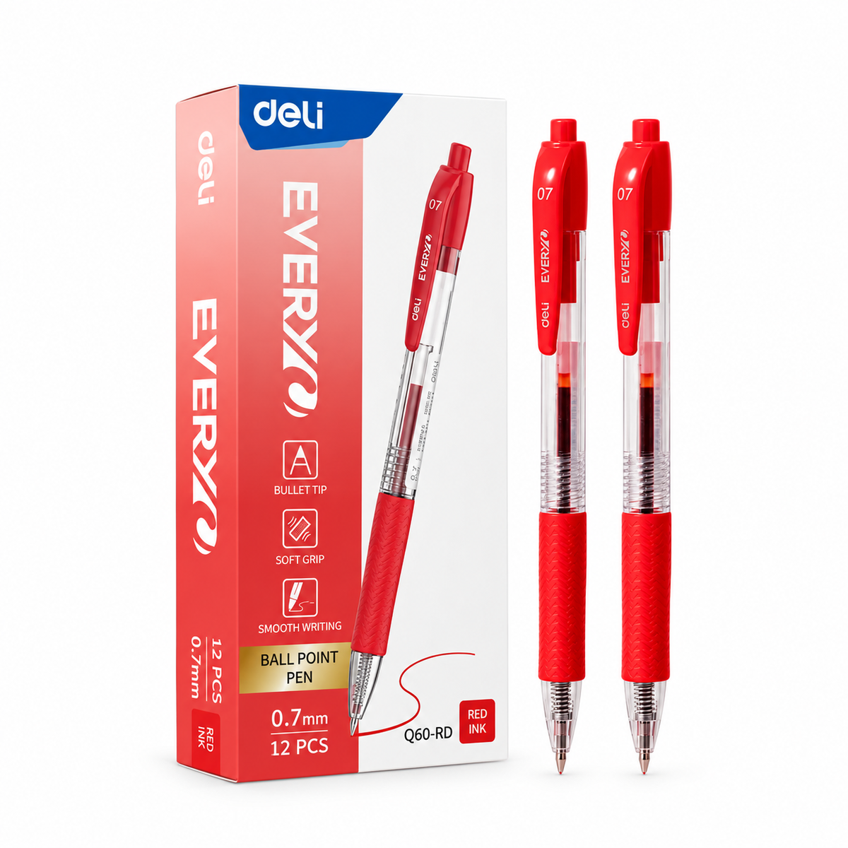 Deli EQ60-RD Ball Point Pen 12-Piece Set, 0.7 mm Bullet Tip, Red