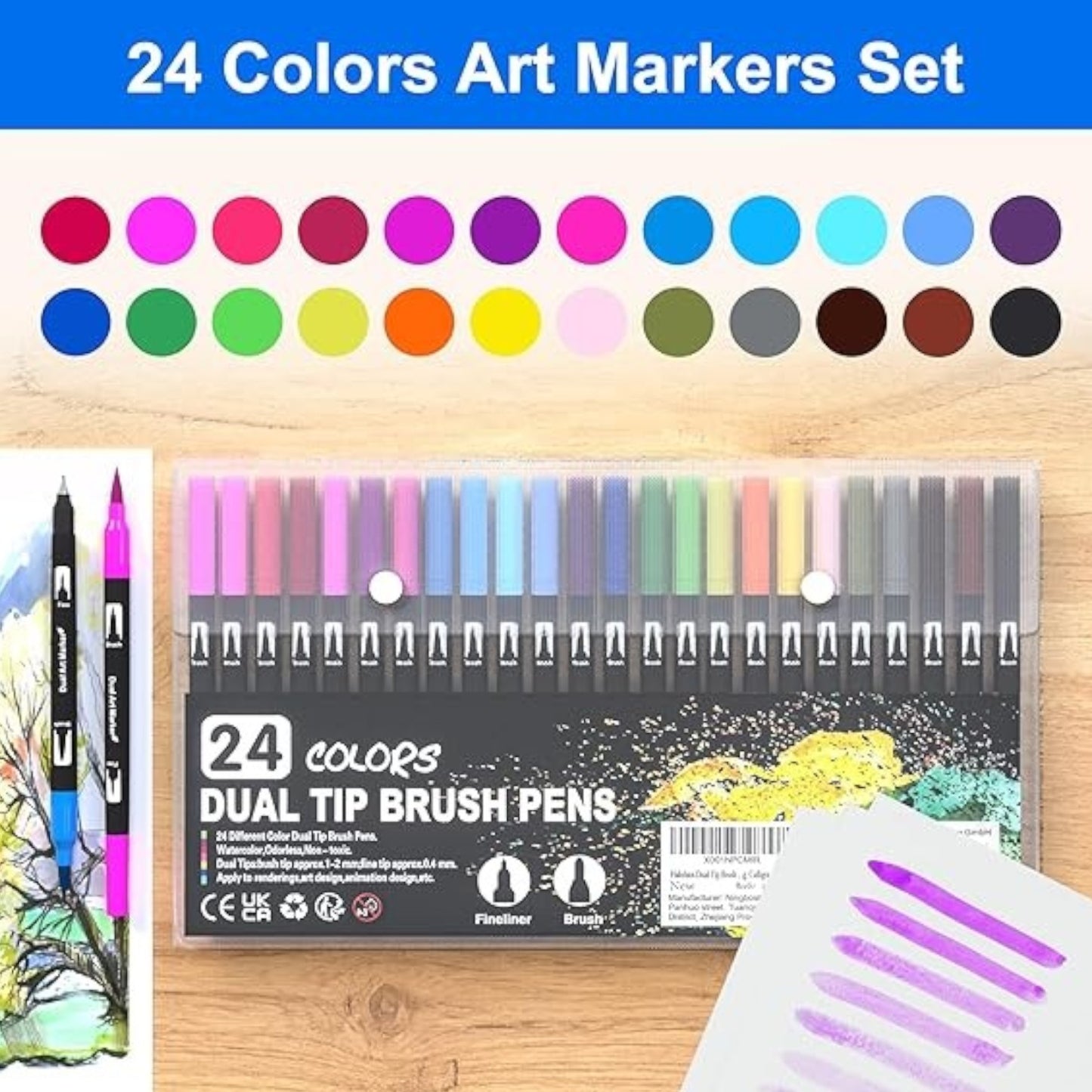 Dual Brush Marker Pens, 24 Colors Art Markers with Fine and Brush Tip