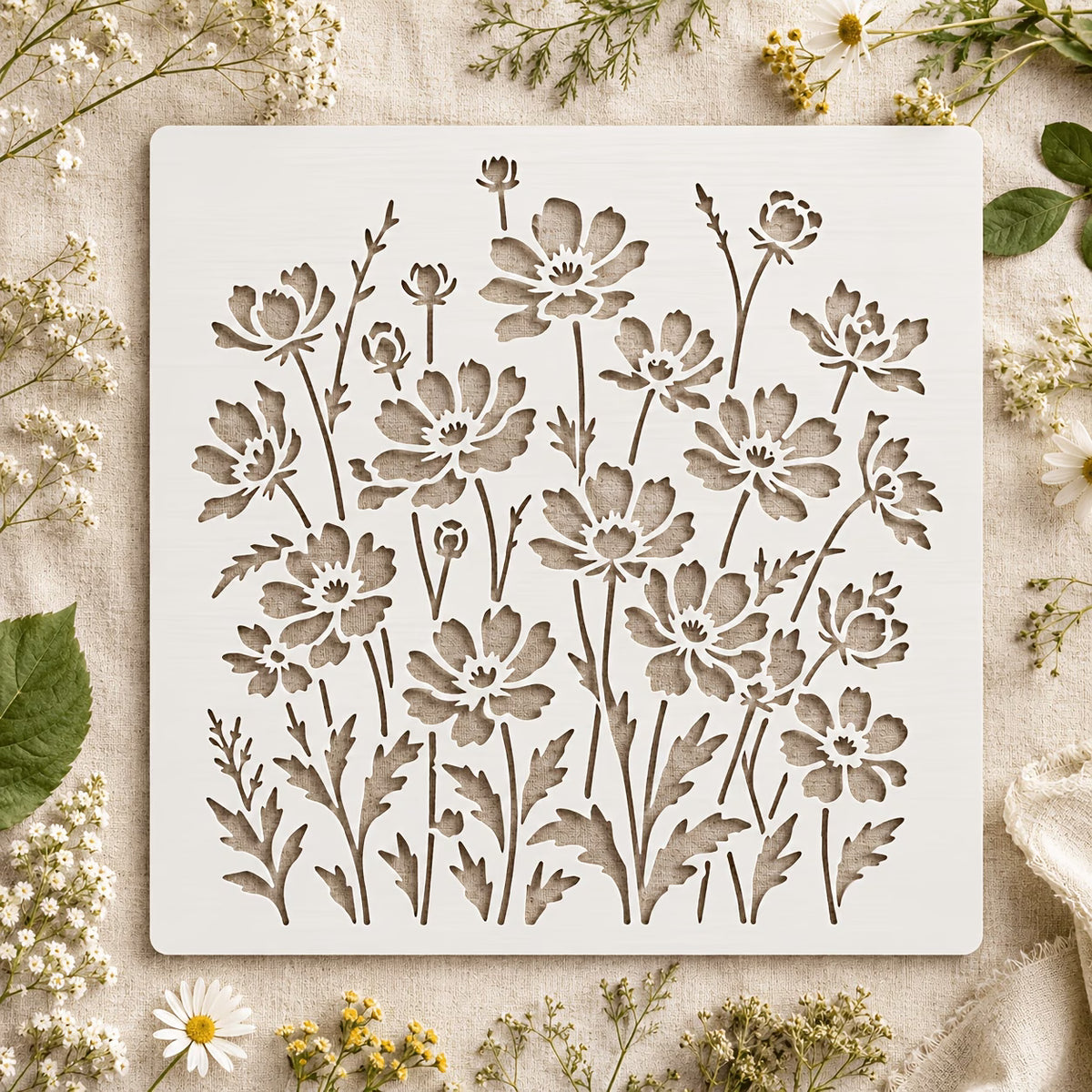 1pc Large Reusable Wildflower Stencil with Multi-Size Wildflower Pattern