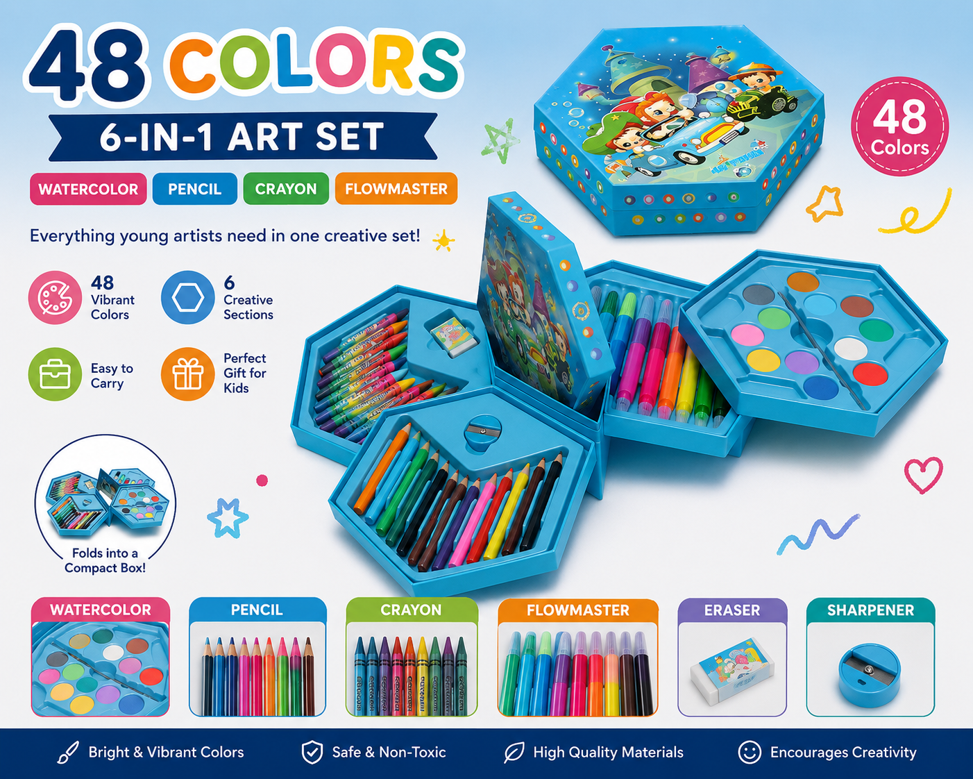 Smile Factory Color Pencil,Crayons, Water Color, Sketch Pen Art Set - (46 Pieces)