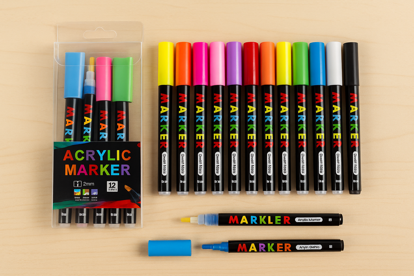 M&G Acrylic Paint Markers, 2mm Round Tip, Set of 12, Basic Colors