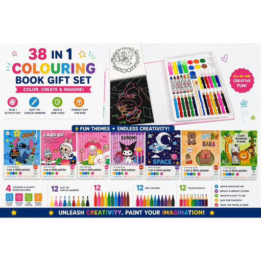 38 in 1 Complete Art Set for Kids Includes 20 Drawing Sheets Markers Crayons Colored Pencil Paints Brushes Perfect for Drawing Crafting (Color And Design As Per Stock)